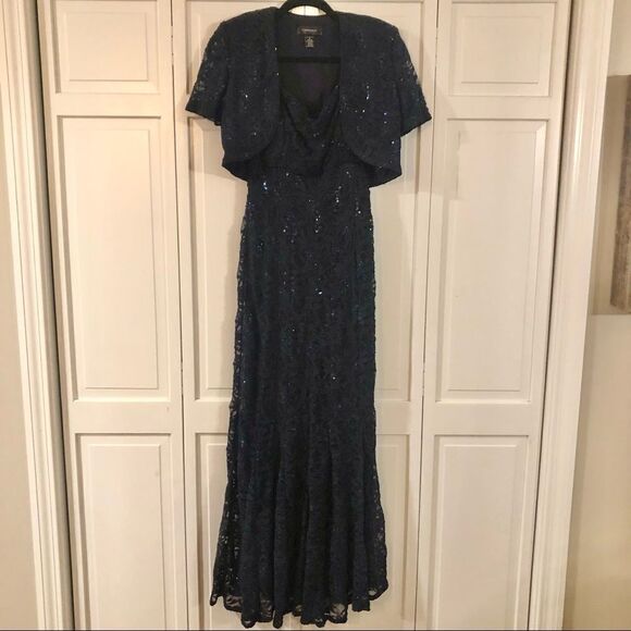 R&m Richard navy sequin gown with shrug - Picture 1 of 13